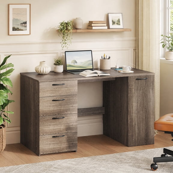 53" Computer Desk with Power Outlets and 4 Storage Drawers, Executive Desk with Cabinet For Home Office,Gray