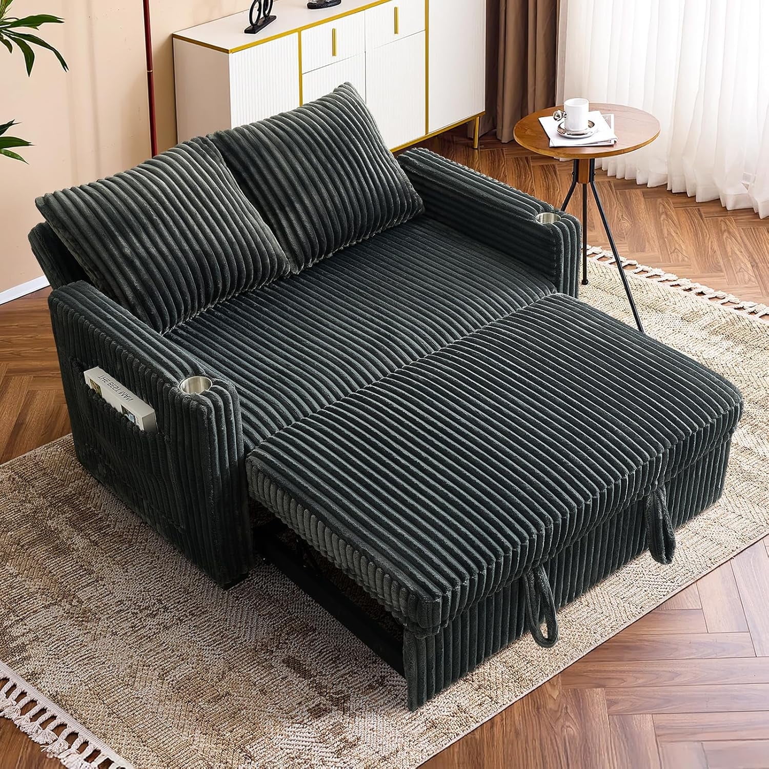 53" Convertible Corduroy Loveseat Sofa Bed with USB Charging, Cup Holders & Side Storage – Soft Corduroy Sleeper Sofa Lounge Recliner Chaise Daybed for Living Room, Bedroom, Office, Dark Gray