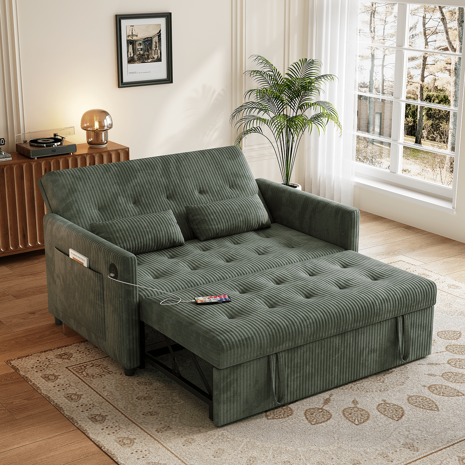 53" Corduroy 3-in-1 Convertible Loveseat Sofa Bed with Pull-Out Sleeper, Adjustable Backrest, USB & Type-C Ports, Storage Pockets, Small Space 2-Seat Couch for Living Room, Bedroom, Apartment, Green