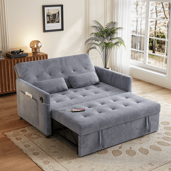 53" Corduroy 3-in-1 Convertible Loveseat Sofa Bed with Pull-Out Sleeper, Adjustable Backrest, USB & Type-C Ports, Storage Pockets, Small Space 2-Seater Couch for Living Room, Bedroom, Apartment, Gray