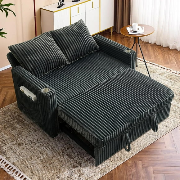 53" Corduroy 3-in-1 Convertible Sleeper Sofa Bed with Adjustable Backrest, USB Charging & Cup Holders, Compact Sleeper Sofa for Small Spaces, Living Room, Bedroom, Dorm, and Apartments, Dark Gray