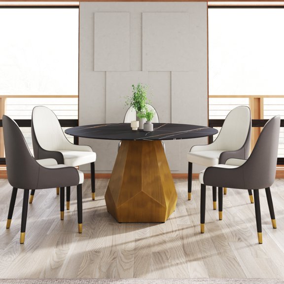 53" Dining Table With Metal Base, Black, Artificial Marble For 6, To Deformation & Easy , Living Room Table, 6 People, Cracks Wipe Down,