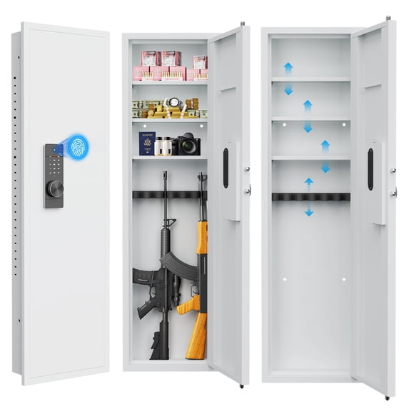 53" Fingerprint Touch Panel In-Wall Hidden Gun Safe for Rifles with Adjustable Shelving, Multi-Storage Solution for Firearms & Valuables with Military-Grade Security (White)