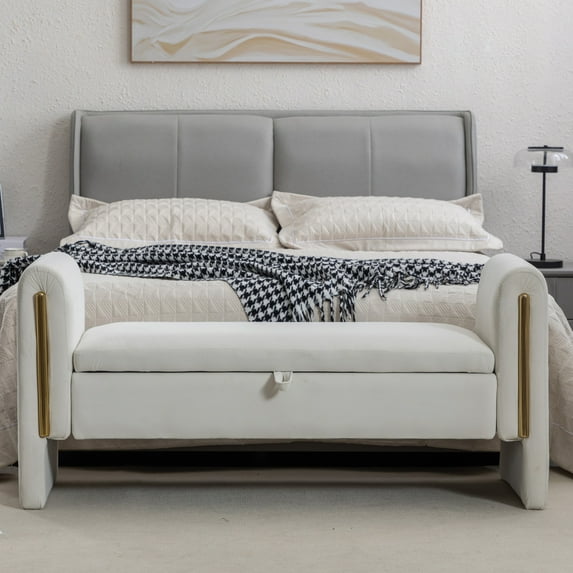 53'' Flip Top Storage Ottoman with Gold Metal Trim Strip, Indoor Velvet Fabric Bench with Solid Wood Frame, Footstool for Living Room, Bedroom, Ivory