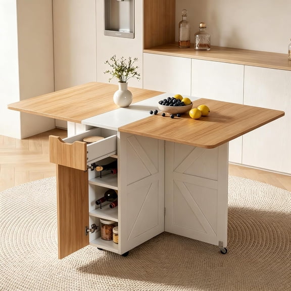 53“ Folding Dining Table Space Saving Foldable Dining Table with Drawer, Shelves and Wine Racks, Drop Leaf Table for Small Spaces, Extendable Folding Kitchen Table with Lockable Wheels