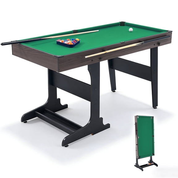 53" Folding Pool Table, Freestanding Billiard Table Set with Cue Clips & Ball Storage, Complete Game Room Pool Table with Cues, Balls, Chalk & Brush