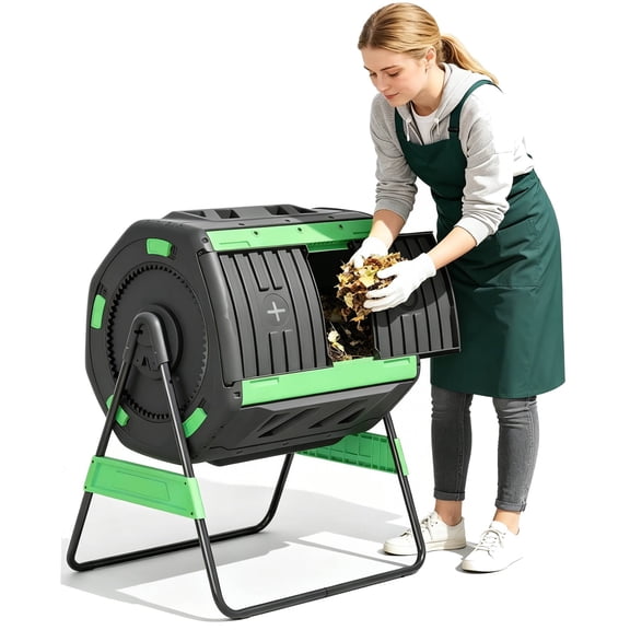 53 Gal Dual Chamber Tumbling Composter – 360° Rotation, Adjustable Vents, BPA-Free & UV-Resistant, Green
