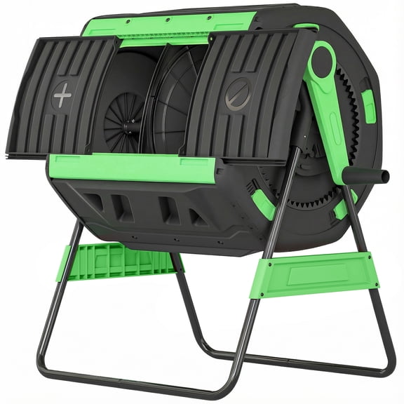 53 Gal Dual Chamber Tumbling Composter, Outdoor Compost Bin with Adjustable Vents, BPA-Free, Green, Easy Rotation
