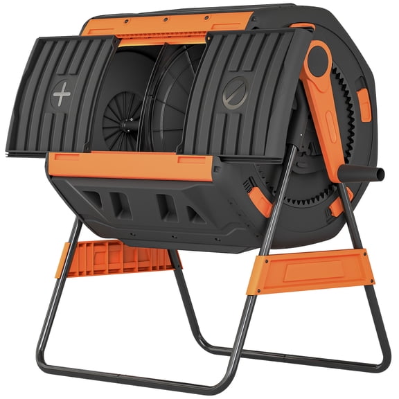 53 Gal Dual Chamber Tumbling Composter, Outdoor Compost Bin with Adjustable Vents, BPA-Free, Orange, Easy Rotation