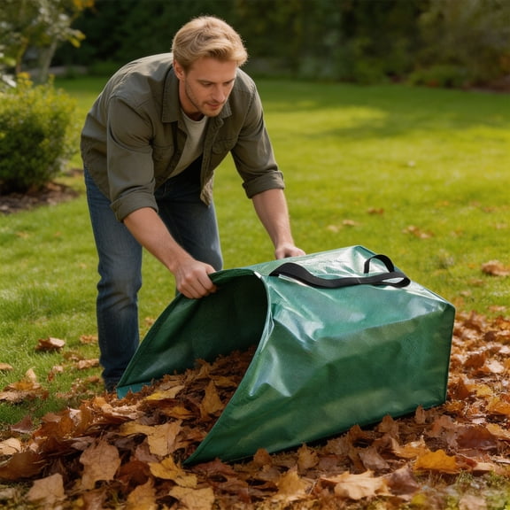 53 Gallon 200L Woven Garden Leaf Waste Bag with Wide Opening, Heavy Duty Durable Yard Trash Storage Sack with Carry Handles, Large Capacity Bag for Garden Weeds Debris Collection, Green
