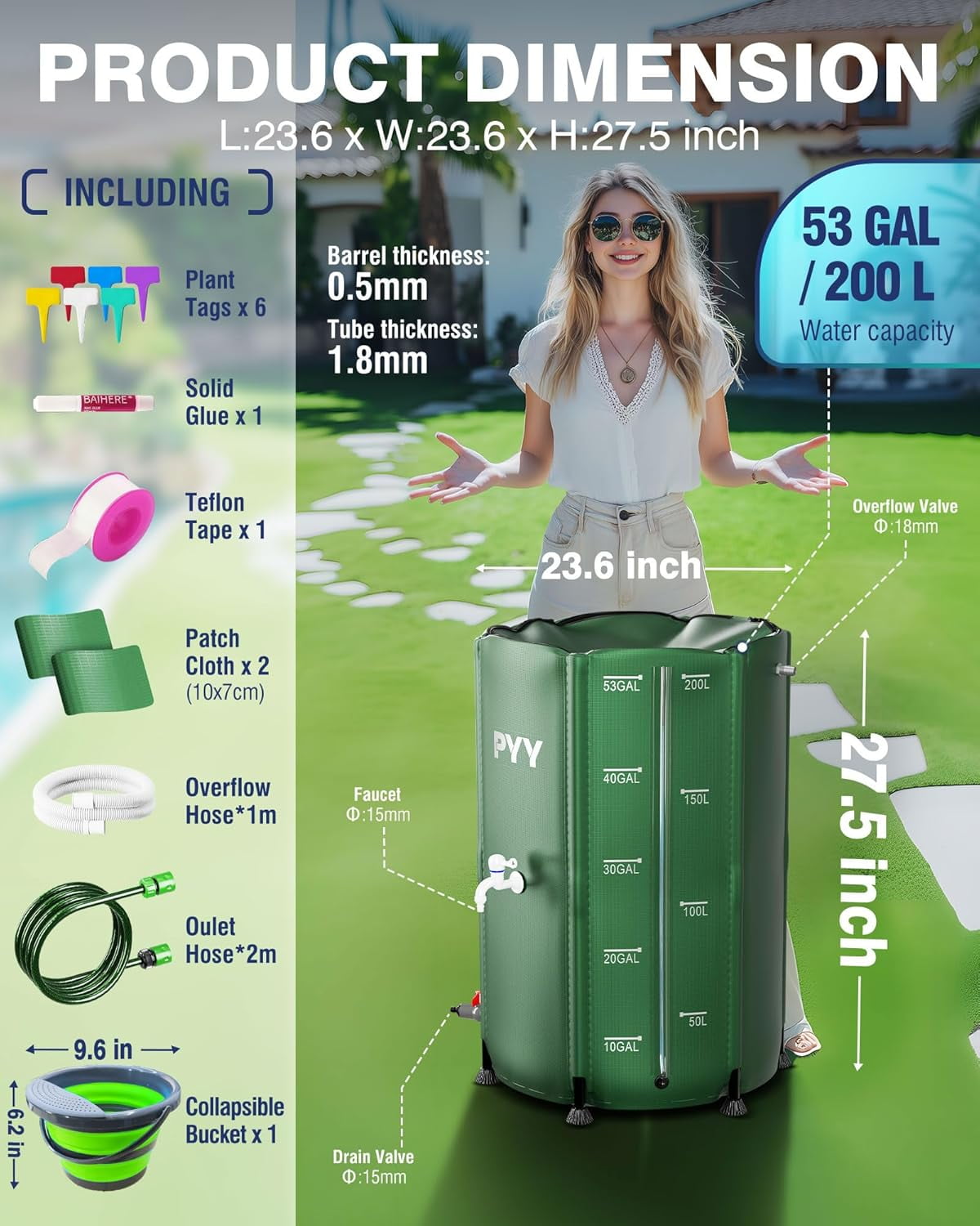 53 Gallon Green Rain Water   with Spigots, Hose and Bucket