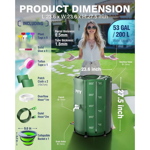 53 Gallon Green Rain Water with Spigots, Hose and Bucket