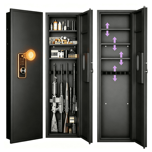 53"H Gun Safe, Hidden In-Wall Rifle Gun Cabinet with Adjustable Shelves, Steel Securit, Black, Fingerprint Touch Panel, 4 Unlock Options