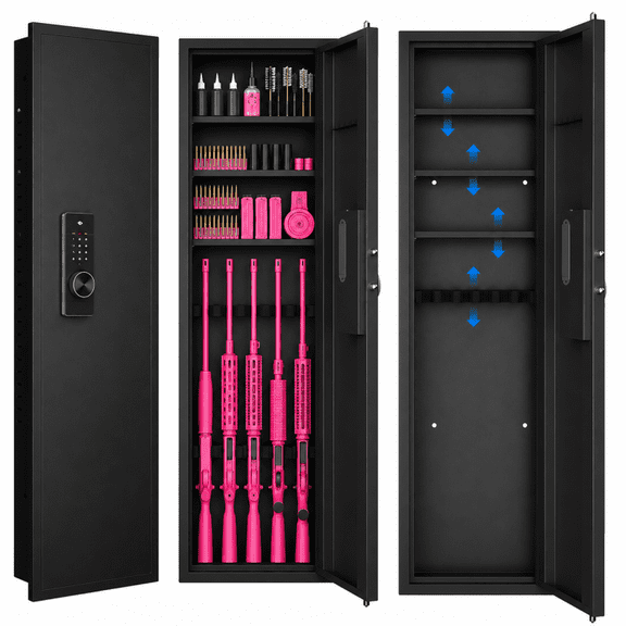 53"H In-Wall Rifle Safe with Adjustable Storage Shelves, Hidden Gun Safe with Adjustable Shelves, Gun Cabinet with 3 Unlocking Methods, 15.7"Dx5"W, Black