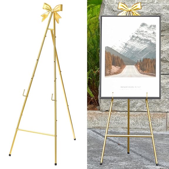 53H Metal Gold Easel Stand for Sign, Large Adjustable Display Standing with Butterfly Bow Top for Wedding Displaying Pictures Poster Holder Showcasing