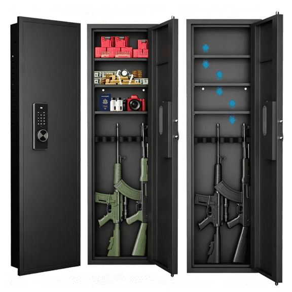 53"H Wall Gun Safe for Rifles and Valuables, Hidden Steel Rifle Safe with Adjustable Shelves, Digital Touch Panel, Assembled Storage Multifunctional Wall Safe, 5"Wx 15.7"D,Black