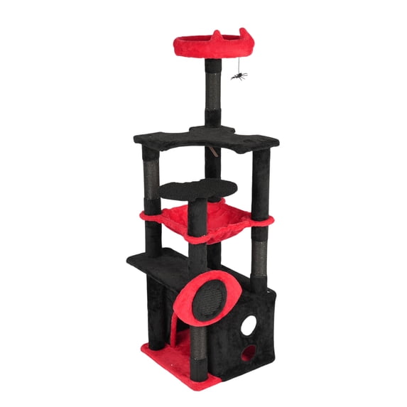 53" Halloween Cat Tree - Large Cat Tower with 2 Condos 2 Padded Perches 2 Hammocks Scratching Posts Hanging Toy (Red& Black) for Large Cats