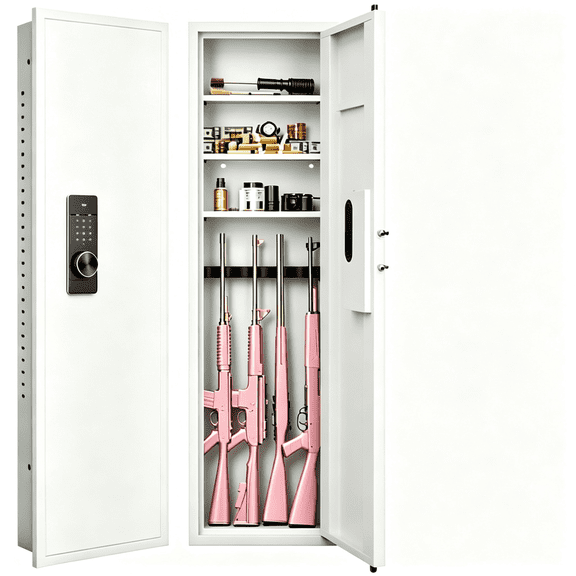 53"Hx15.7"D Hidden Steel Gun Safe with Digital Password Panel, In-Wall Gun Cabinet for Rifle and Valuable Storage, 3 Unlocking Methods, 5"W, White
