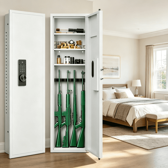 53"Hx15.7"D In-Wall Steel Gun Safe for Rifles, 5"W Hidden Gun Cabinet with Adjustable Shelves, Digital Touch Panel, Assembled Storage Multifunctional Wall Safe for Firearm and Valuables, White