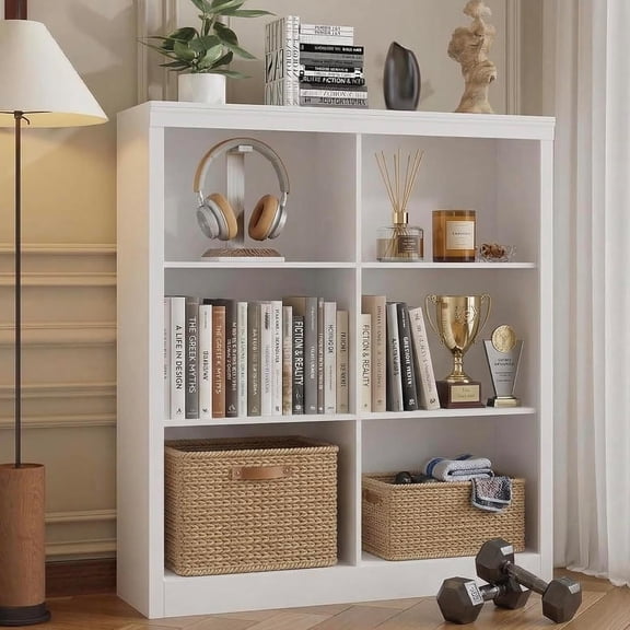 53 Inch 6 Cube Storage Bookshelf, Freestanding Bookcase Organizer with Anti-Tip Design for Living Room Bedroom Home Office, White