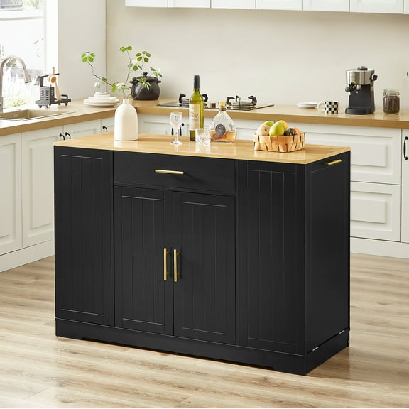 53 Inch Black Kitchen Island with Storage, Trash Cabinet & Adjustable Shelves, Modern Farmhouse Design for Kitchen Dining, Easy Assembly