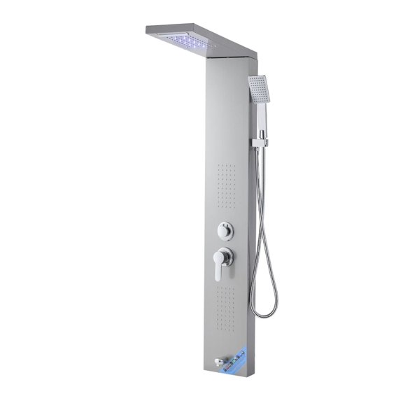 53 Inch Brushed Stainless Steel Shower Panel Tower System with Rainfall Waterfall 5 Function Wall Mount Rain Massage System with Handheld Showerhead and Tub Spout for Bathroom Renovation
