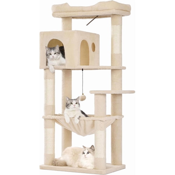 53 Inch Cat Tree for Large Cats 20 lbs Plus XL Tower with Scratching Posts Top Bed and Hammock Oversized Condo House Beige