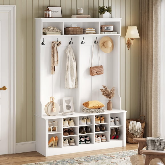 53 Inch Farmhouse Hall Tree With Bench And Shoe Storage, 4-in-1 Entryway Mudroom Storage Organizer Cupboard With Coat Rack, 6 Hooks, 12 Shoe Cubbies And Adjustable Shelf, White