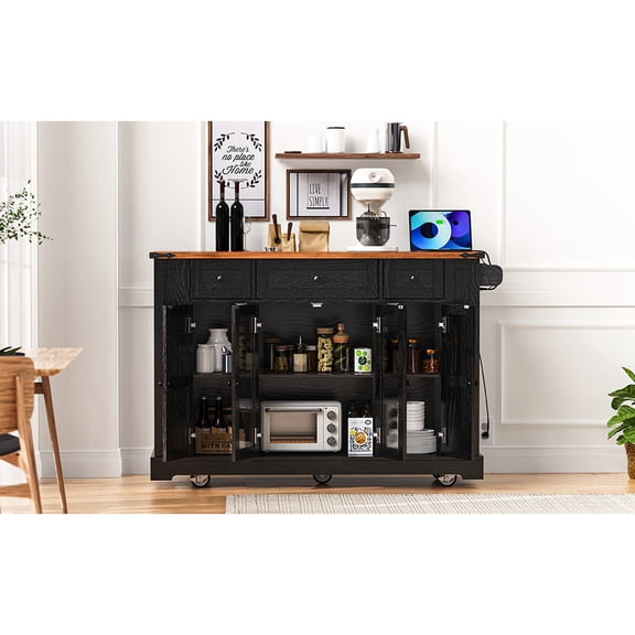 53-Inch Farmhouse Kitchen Cart with Drop Leaf, Lockable Wheels & AC Outlets / Mobility, Safety & Charging for Kitchen