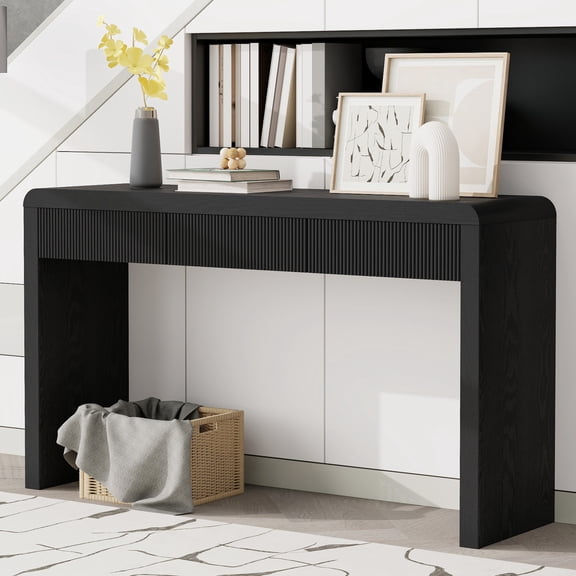 53 Inch Fluted Table for Entryway, Farmhouse Console Table with 3 Drawers and Adjustable Foot, Solid Wood Couch Tables Behind Sofa for Hallway, Living Room, Foyer, Black