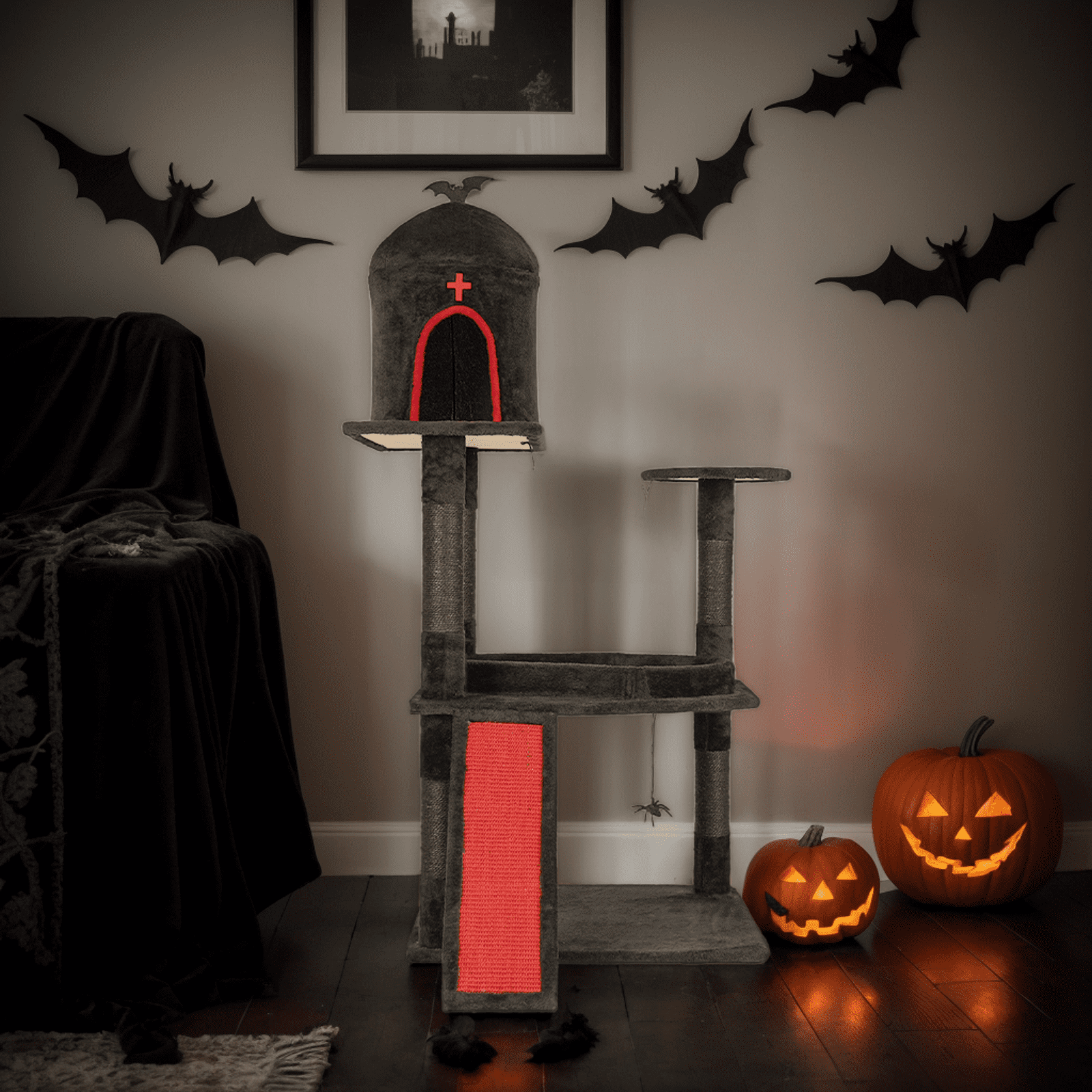 53 Inch Gothic Cat Tree Red Black Coffin Bed Spacious Condo Scratching Posts Spider Toys Multi Level Furniture for Large Cats