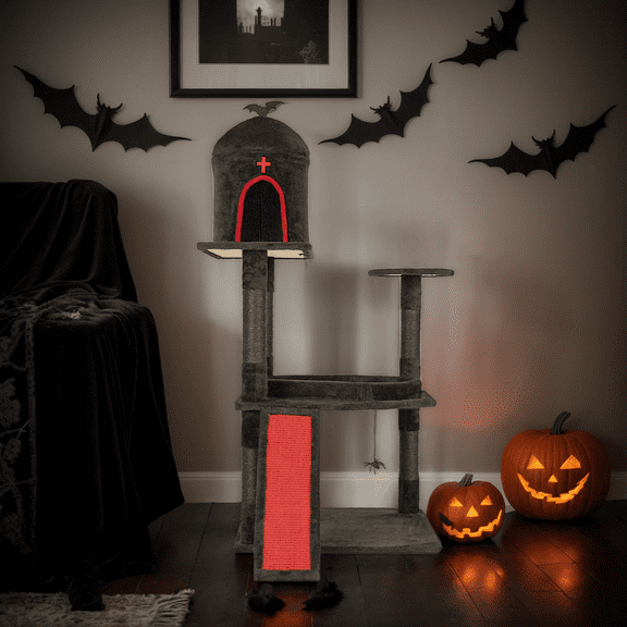 53 Inch Gothic Cat Tree Red Black Coffin Bed Spacious Condo Scratching Posts Spider Toys Multi Level Furniture for Large Cats