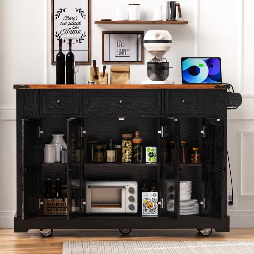 53 Inch Kitchen Island, Farmhouse Rolling Cart with Power Outlet, Drop Leaf Side Table, Glass Cabinet Doors and Drawers, Storage Organizer, Kitchen Dining Room, Black