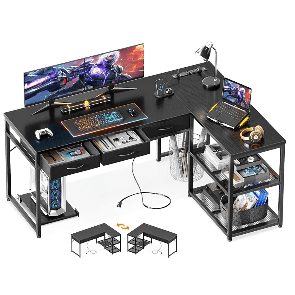 53 Inch L Shaped Computer Desk with Drawers, Corner Desk with Power ...