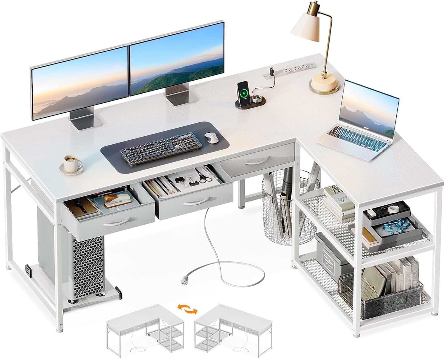 53 Inch L Shaped Computer Desk with Drawers, Power & Reversible Storage Shelves, White