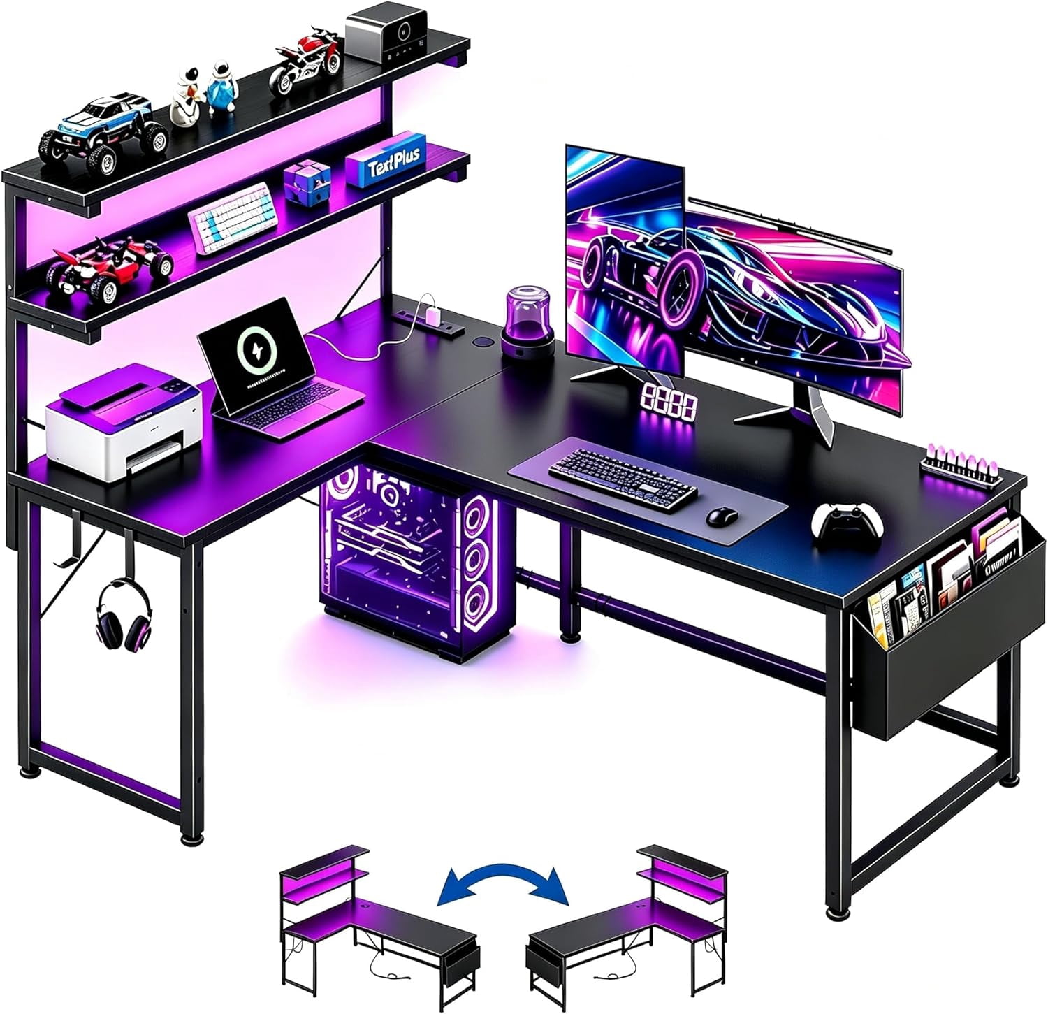 53 Inch L Shaped Desk Gaming Desk with LED Light & Power Outlet, Reversible L Shaped Computer Desk with Shelf & Storage Bag Gamer Corner Desk with Headphone Hook for Home Office Desk, Black