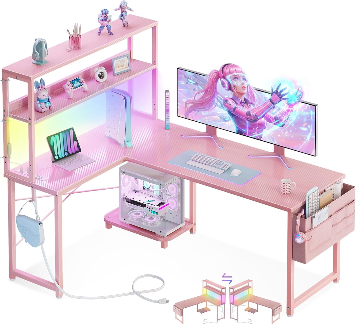 53 Inch L Shaped Desk with LED Lighting, Reversible Gaming Desk with Power Outlets, Cornor Computer Table with Storage Shelves & Bag & Iron Hook, Home Office Table for Writing, Study, Pink