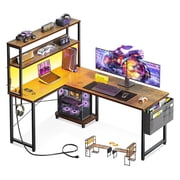 53 Inch L Shaped Desk with LED Lighting, Reversible Gaming Desk with Power Outlets, Cornor Computer Table with Storage Shelves & Bag & Iron Hook, Home Office Table for Writing, Study, Vintage