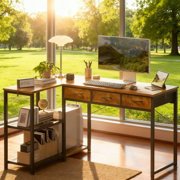 Computer Desk,Lofka 53" L Shaped Office Desk with Charging Station | Fabric Drawers | Storage Shelves for Home,Villa,Retro