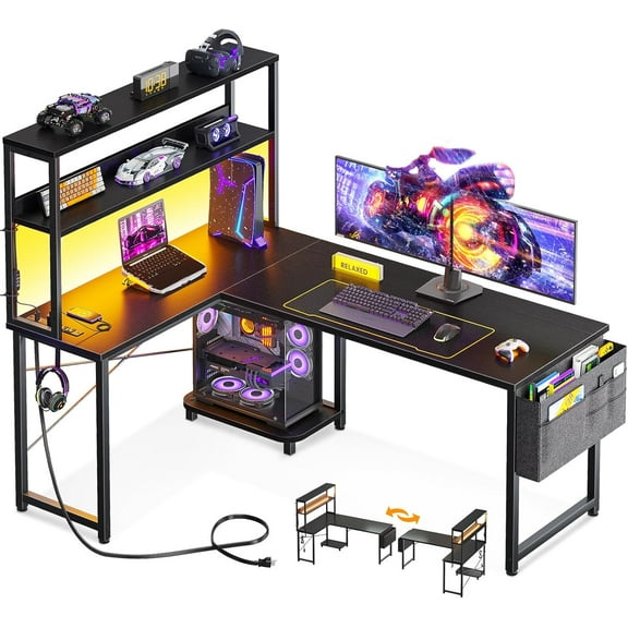 53 Inch L Shaped Gaming Desk with LED Lighting, Reversible Desk with Power Outlets, Cornor Computer Table with Storage Shelves & Bag & Iron Hook, Home Office Table for Writing, Study, Black