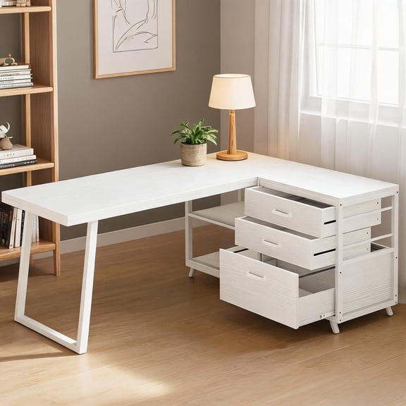 53-Inch L-Shaped Multi-Use Work Desk, Crisp White, Engineered Wood and Metal Construction