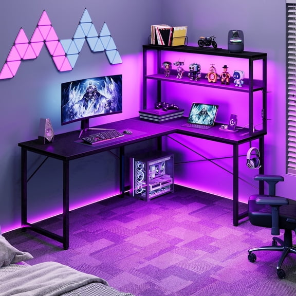 53 Inch L-Shaped Gaming Desk with Power Outlets, Office Desk with LED Lights for Home Office, Corner Computer Desk with Hutch for Gamer, Black