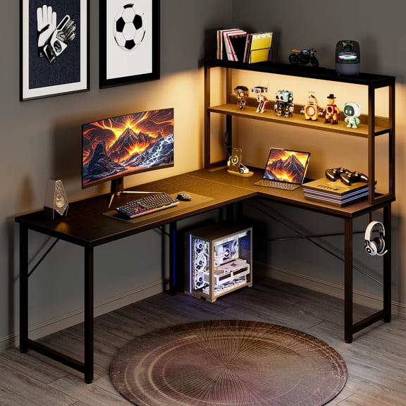 Reversible Display Shelf Gaming Desk with LED Lights & Power Outlets, 53 inch L-Shaped Computer Desk with Hutch & Hook, Black