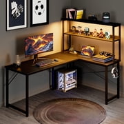 Casacomoda L Shaped Gaming desk, 53 Inch Computer Desk with Shelves, Reversible Display Shelf Gaming Desk with Led Light & Charging Station, Black