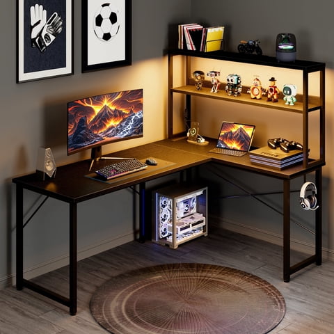 Casacomoda L Shaped Gaming desk, 53 Inch Computer Desk with Shelves, Reversible Display Shelf Gaming Desk with Led Light & Charging Station, Black