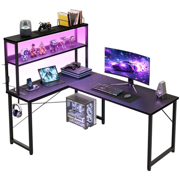 Reversible Display Shelf Gaming Desk with LED Lights & Power Outlets, 53 inch L-Shaped Computer Desk with Hutch & Hook, Black