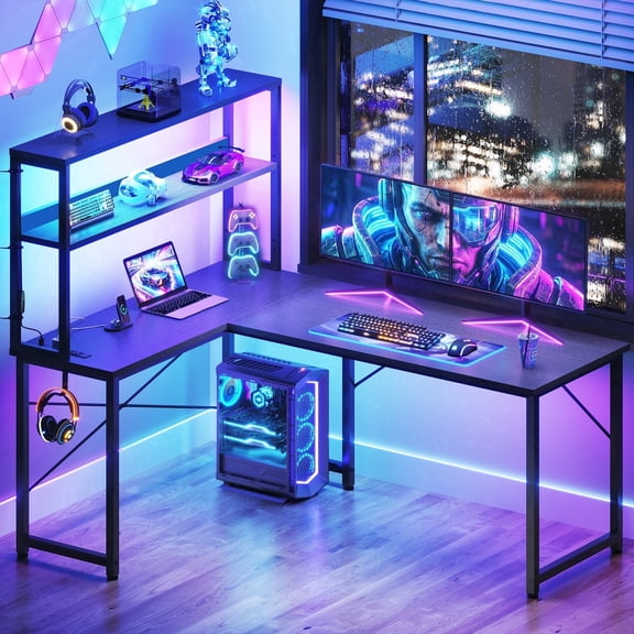 Reversible Display Shelf Gaming Desk with LED Lights & Power Outlets, 53 inch L-Shaped Computer Desk with Hutch & Hook, Black