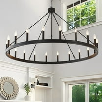53-Inch Large Black Farmhouse Wagon Wheel Chandelier – 20-Light Industrial Rustic Pendant Light for High Ceiling Dining Room, Living Room, Porch, Foyer, Entryway