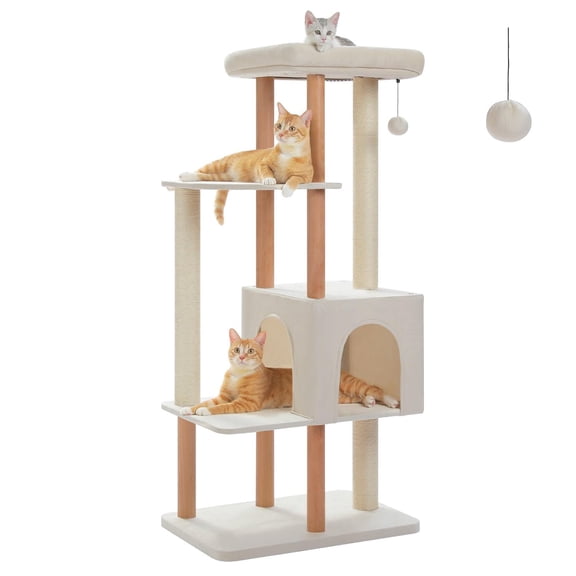 53 Inch Modern Cat Tree For Large Cats, Wooden Tower With Fully Sisal Covered Scching Posts, Sturdy Solid Wood Structure, Spacious Perch And Cozy Condo Furniture For Indoor Play, Beige