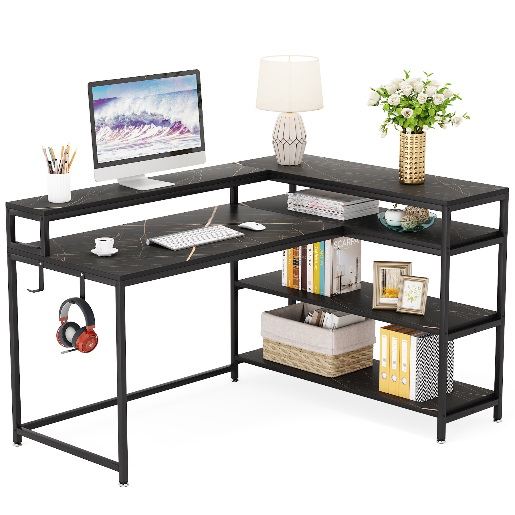 53 Inch Reversible L Shaped Desk with Storage Shelf, Corner Desk for